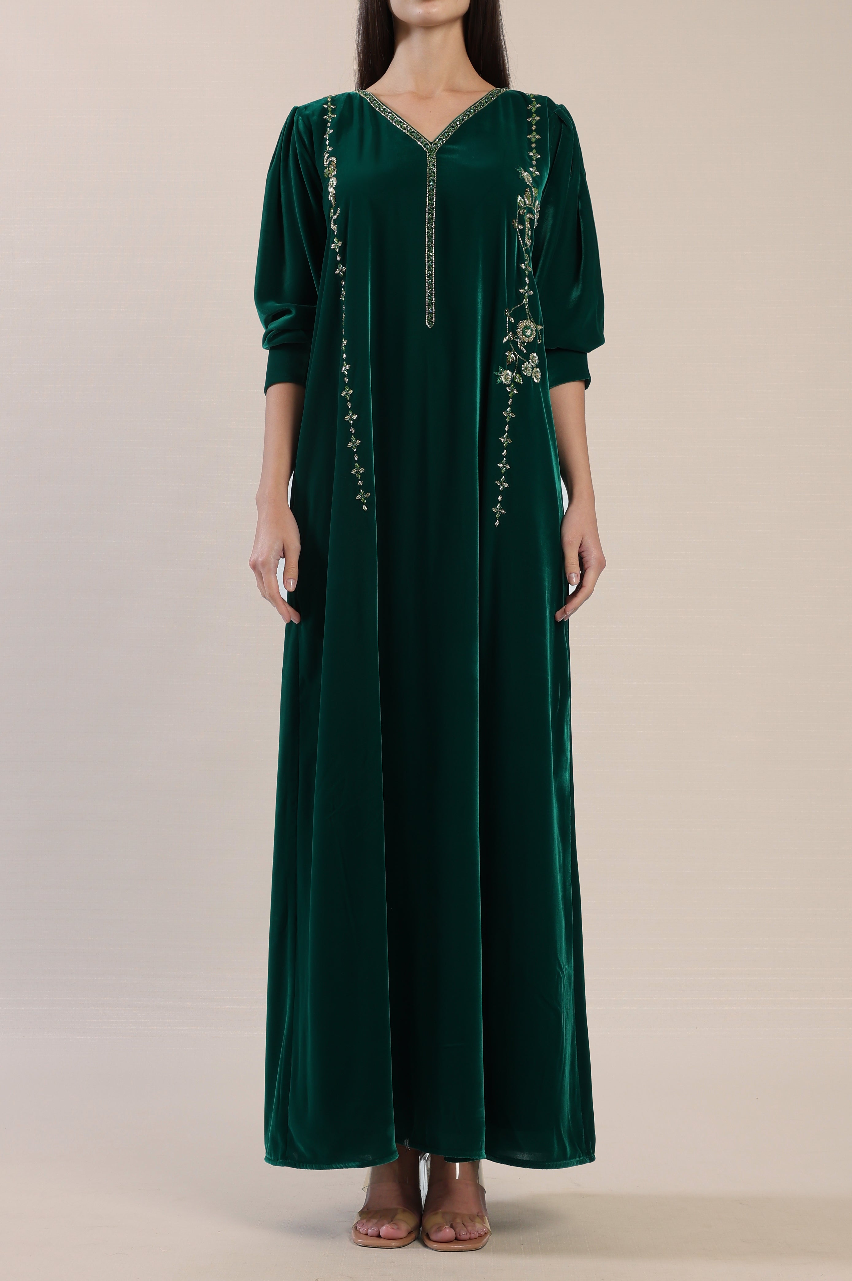 Verdant Green Velvet A-Line Kaftan