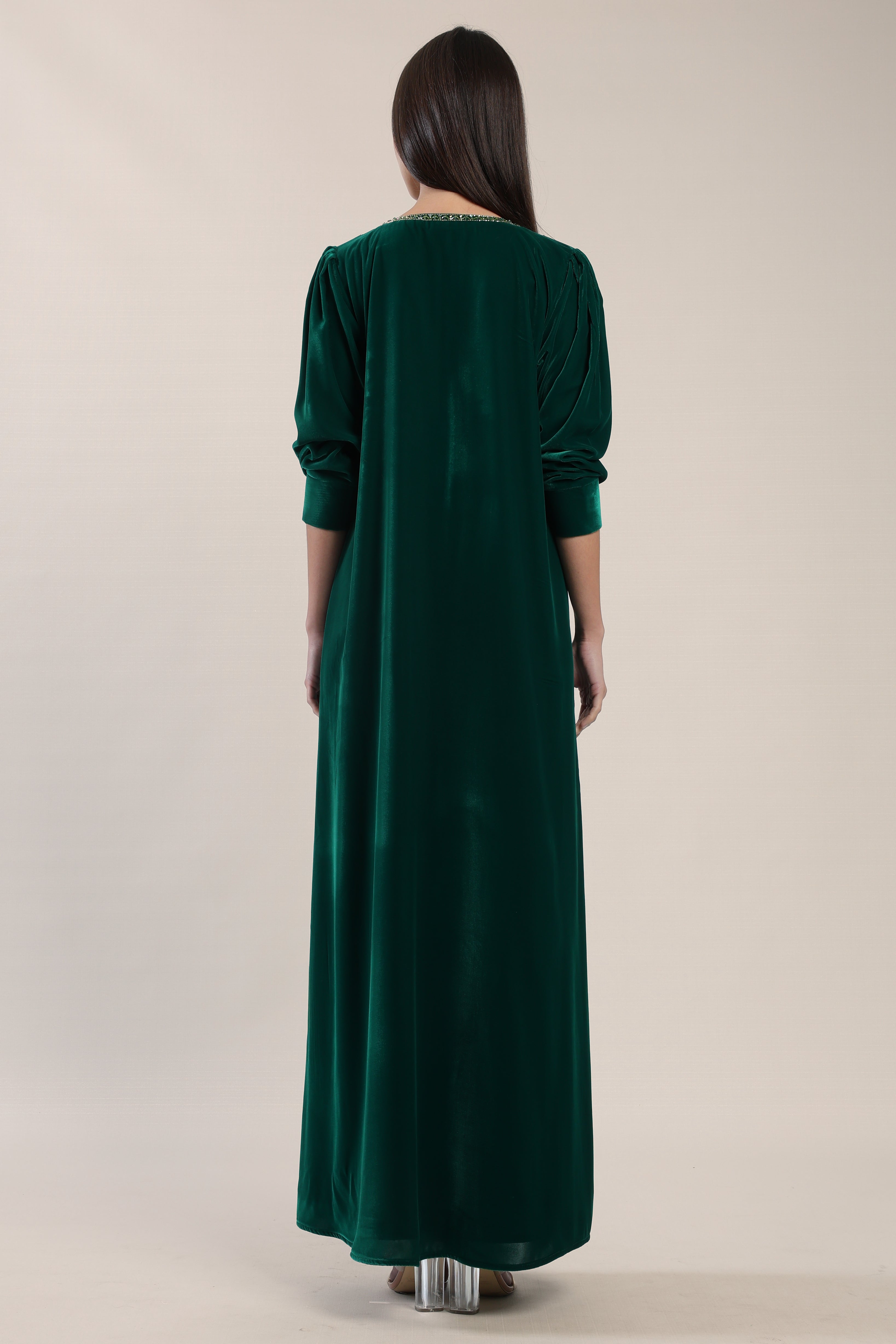 Verdant Green Velvet A-Line Kaftan