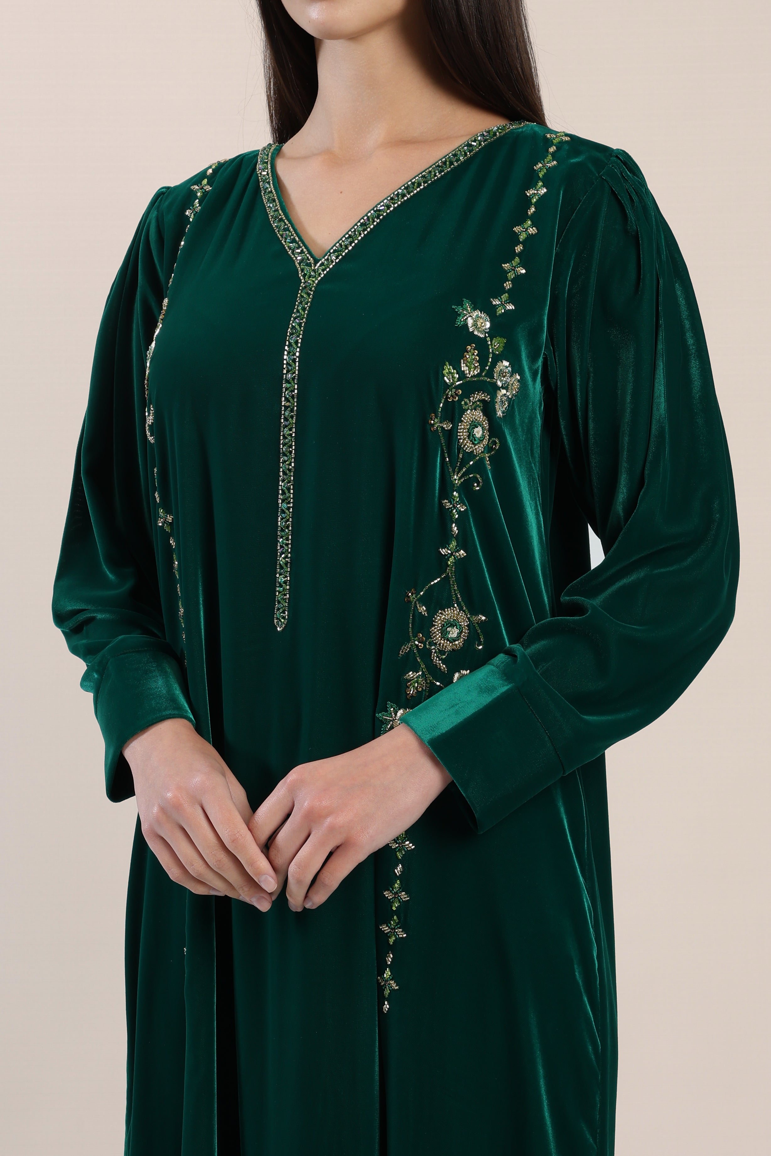 Verdant Green Velvet A-Line Kaftan