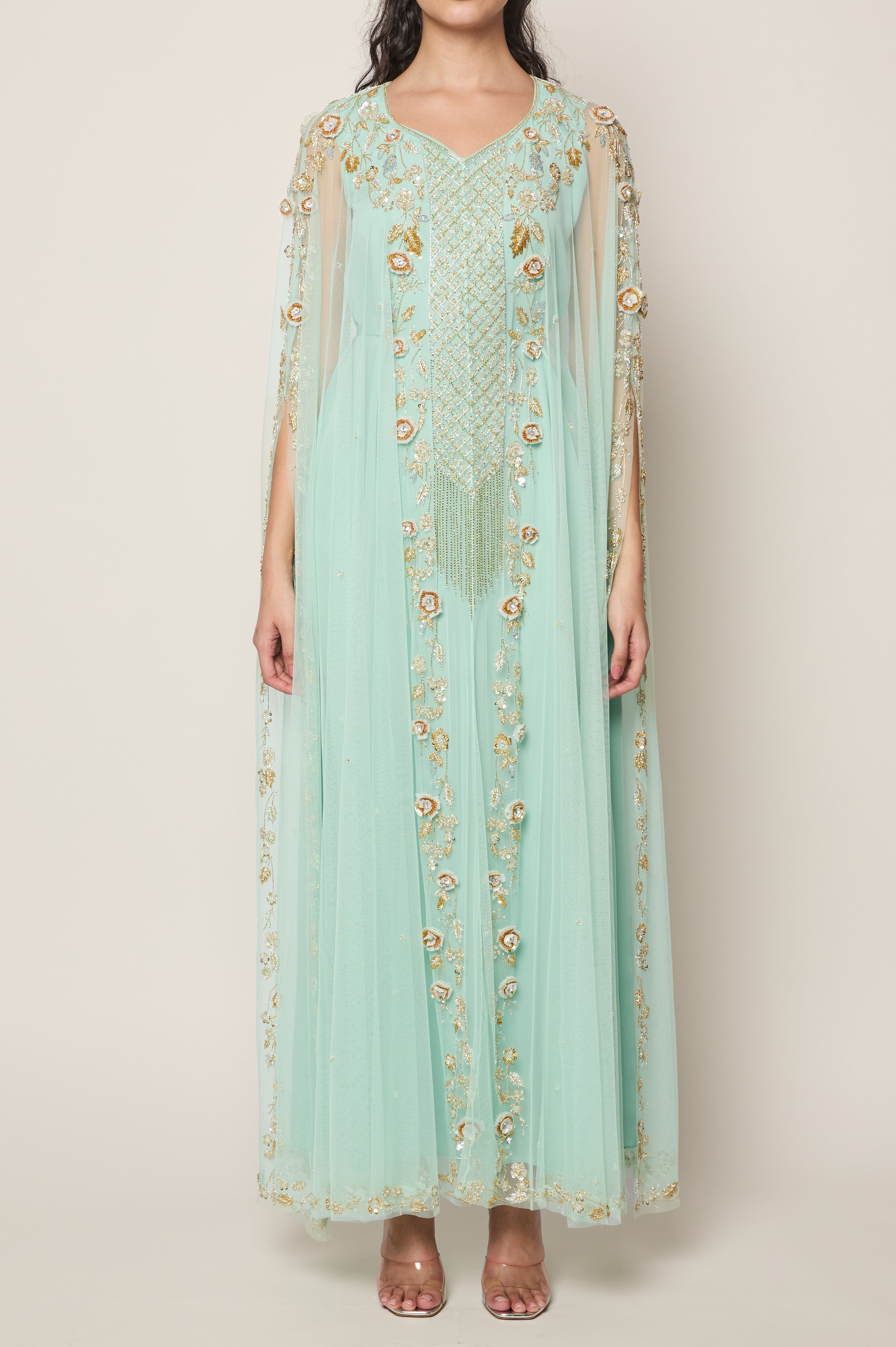 Mint Green Floral Thoub