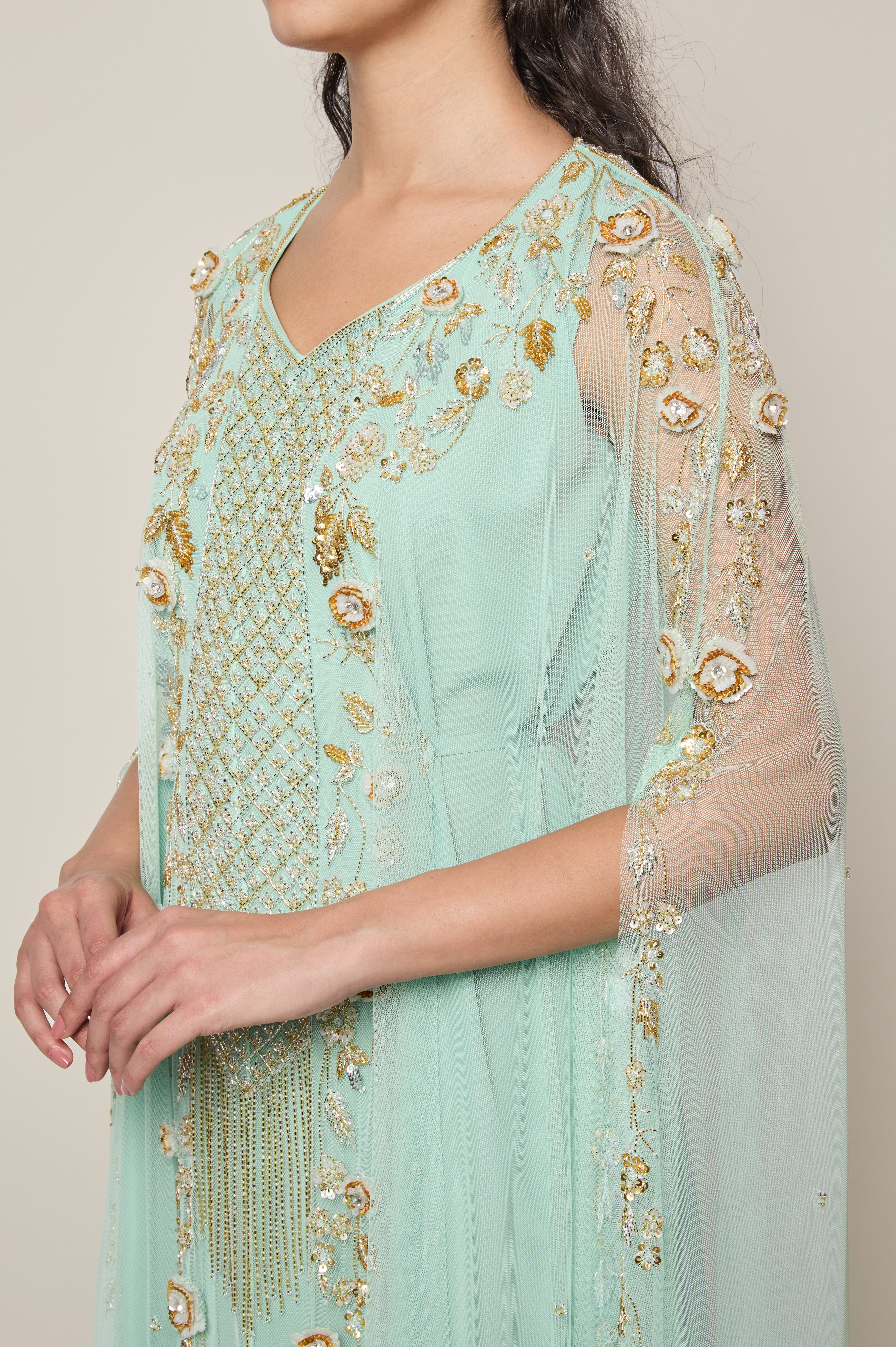 Mint Green Floral Thoub